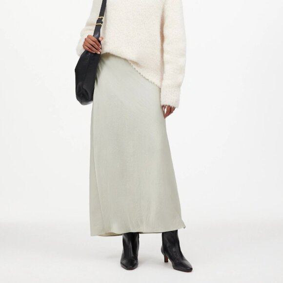 Madewell Satin Maxi‎ Slip Skirt Silver Side Slit Pull On Elastic Waist Size 14 - Picture 1 of 11